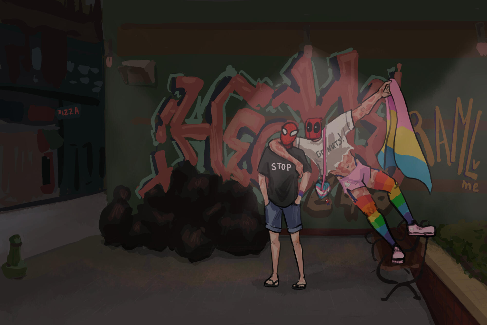 Spider-Man and Deadpool returning home after Pride parade